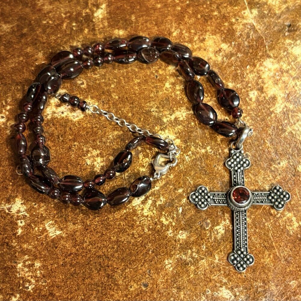 Sterling Silver & Garnet Cross Necklace By Corona Sun Jewelry 16-18 Inches